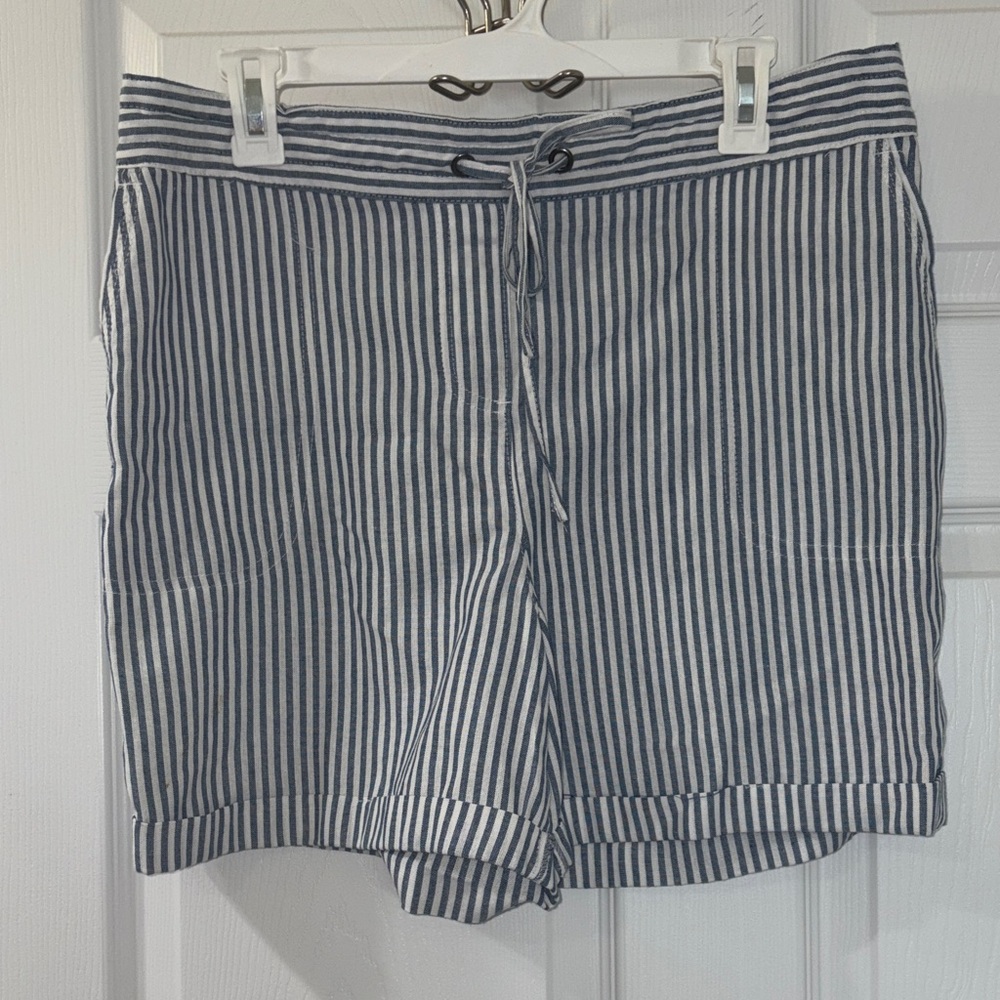Per Se Blue and White Striped linen blend Shorts